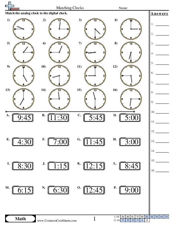 Matching Clocks (15 minute increments) Worksheet - Matching Clocks (15 minute increments) worksheet